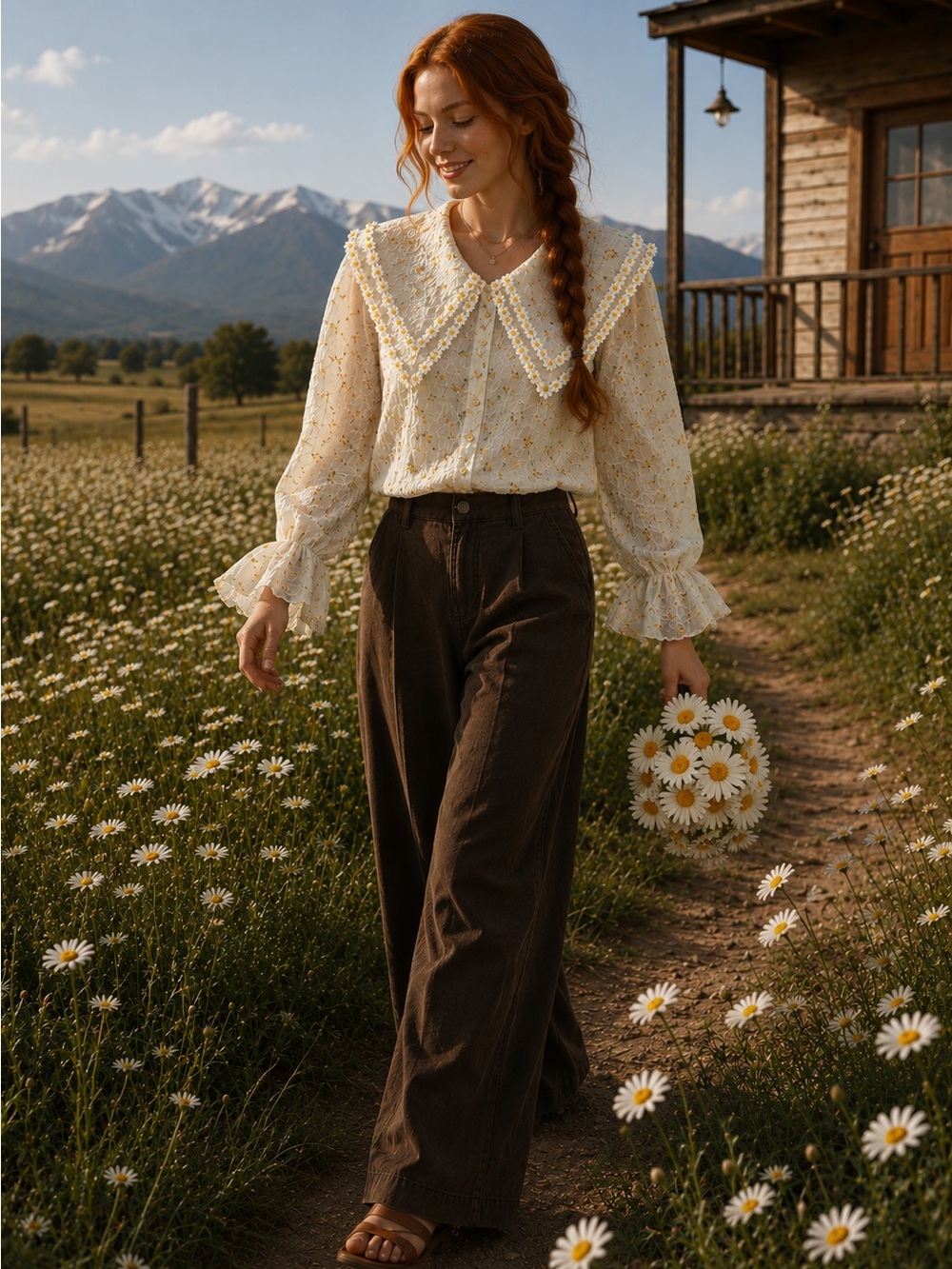 MOCHY NWT French Bohemian Embellished Daisies Button Down Blouse size L.